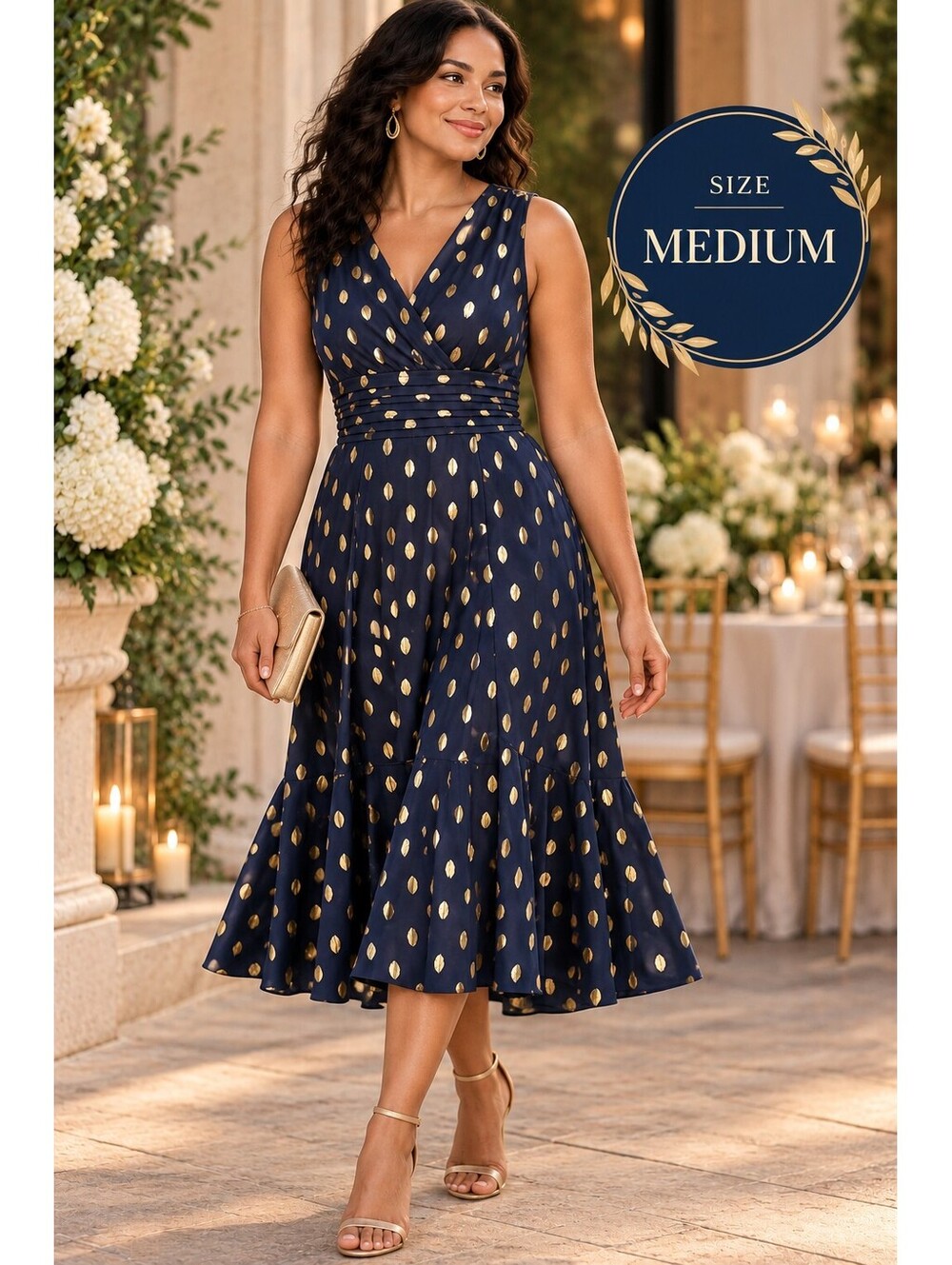 Sz M | Navy Gold Foil Leaf Print Surplice Flounce Hem Dress